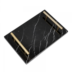 Rectangle Natural Stone Marble Serving Tray with Golden Handles
