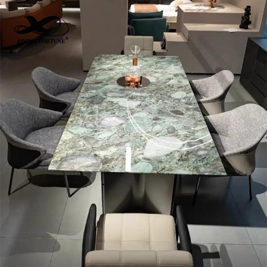 مجموعة أثاث غرفة الطعام الفاخرة ذات التصميم الراقي للمنزل وطاولة طعام من حجر الكهف الطبيعي والرخام مع كرسي من الجلد الطبيعي