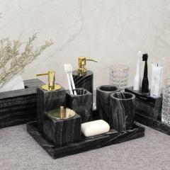 Black Ancient Wood Grey Marble 7 Piece Bathroom Accessories Set