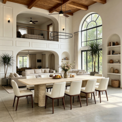 Large Long Natural Travertine Dining Table Set for Modern Farmhouse Double Height Great Room, White Neutral Home Decor